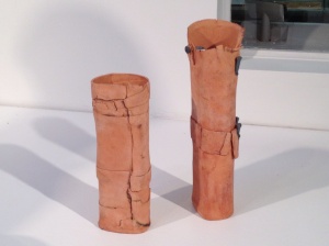 Risa Hirsch Ehrlich: "Two Vases Alike" (installation view). Ceramic, metal elements, 13"x4"x3", 2011. Photo: P. Sullivan
