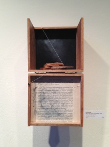 Heather Riley, “From Above” (installation view). Wood, nails, thread, conte, graphite, paper, acrylic, oil, cigar box, 4″x 5.5″x 4.25″, 2013. Photo: P. Sullivan