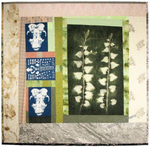 Sue Reno, "Skunk and Garlic Mustard", cyanotypes on cotton, heliographic print on silk, artist-painted, vintage embroidery, stitching, 50"h x 51"w, 2012. Photo courtesy of the artist. 